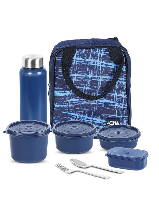 Jaypee Plus Pro 1390 ml Stainless Steel Office Lunch Box | BPA Free, Microwave Safe & Spillproof Airtight 4 Containers | Includes Bottle, Spoon, Fork & Insulated Bag| Ideal for College & School (Blue) - Image 1
