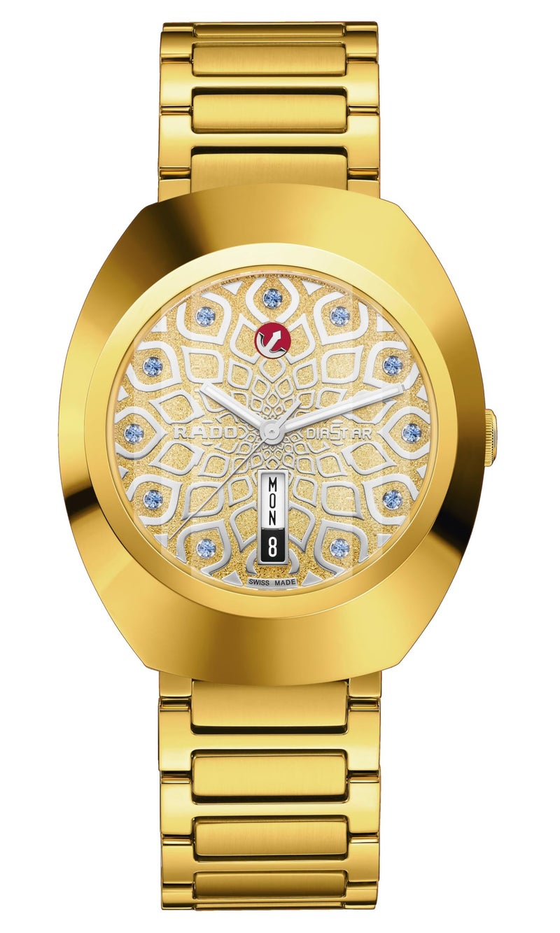 Rado - DiaStar Original Automatic - Men - Swiss Watch - Ultra-Shiny Yellow Gold couloured Ceramos and PVD Coated Stainless-Steel Case - Sapphire Crystal and 11 Light Blue Cubic Zirconia on a diamond powder decoration - 80 hours of Power reserve - Automatic - 38 mm - Water Resistant down to 100 M - Image 4