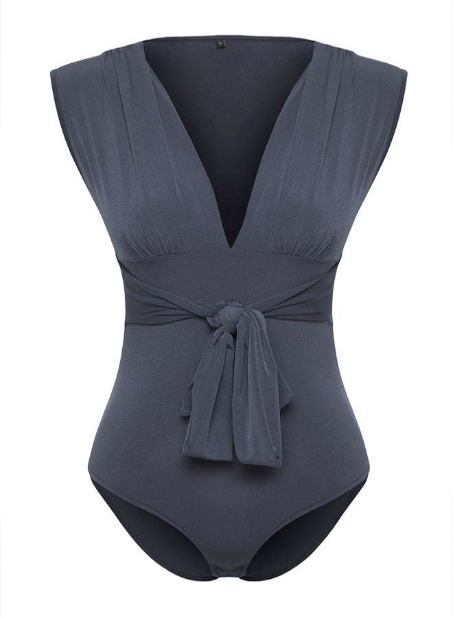 trendyol Anthracite Binding Detail V Neck Fitted/Fits the Body Flexible Snap Knit Bodysuit  - Image 5