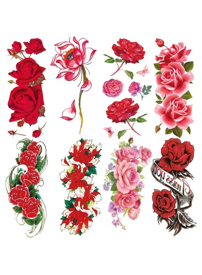 Oottati 8 Sheets Arm Flower Temporary Tattoos - Red Rose Lotus For Men and Women - Image 1