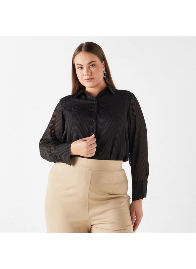 Ulla Popken Plus Size Ulla Popken Textured Shirt with Long Sleeves  - Image 1