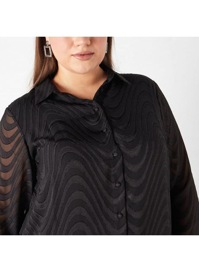 Ulla Popken Plus Size Ulla Popken Textured Shirt with Long Sleeves  - Image 4