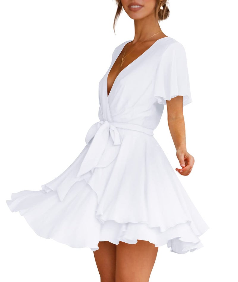 Cosonsen Womens Summer Casual Dress Short Sleeve Deep V-Neck Ruffle Dresses White XXL - Image 2