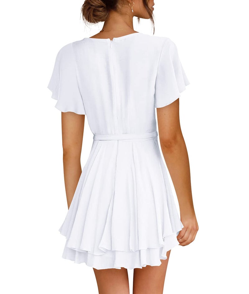 Cosonsen Womens Summer Casual Dress Short Sleeve Deep V-Neck Ruffle Dresses White XXL - Image 3