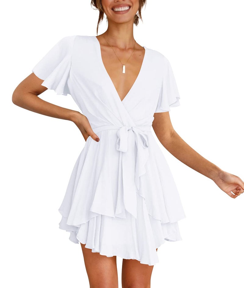 Cosonsen Womens Summer Casual Dress Short Sleeve Deep V-Neck Ruffle Dresses White XXL - Image 5