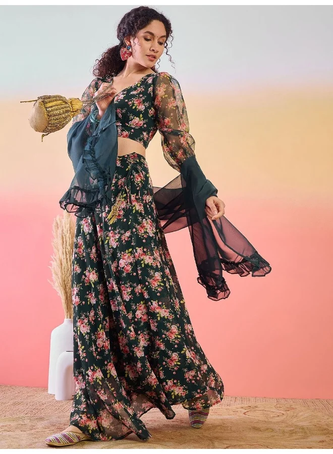 AKS  Floral Printed Ready to Wear Lehenga & Blouse With Dupatta for Women | Best Price UAE