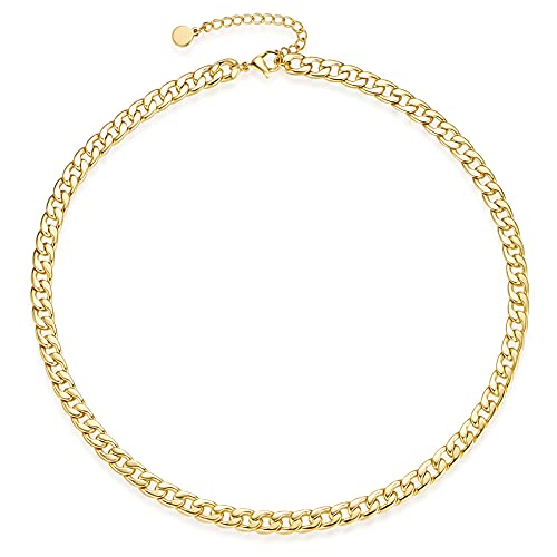NUZON 18K Gold Plated Cuban Curb Chain Necklace for Women Men 6MM Flat Chunky Miami Link Chain Choker Necklaces Statement Costume Jewelry for Her 18'' - Image 1
