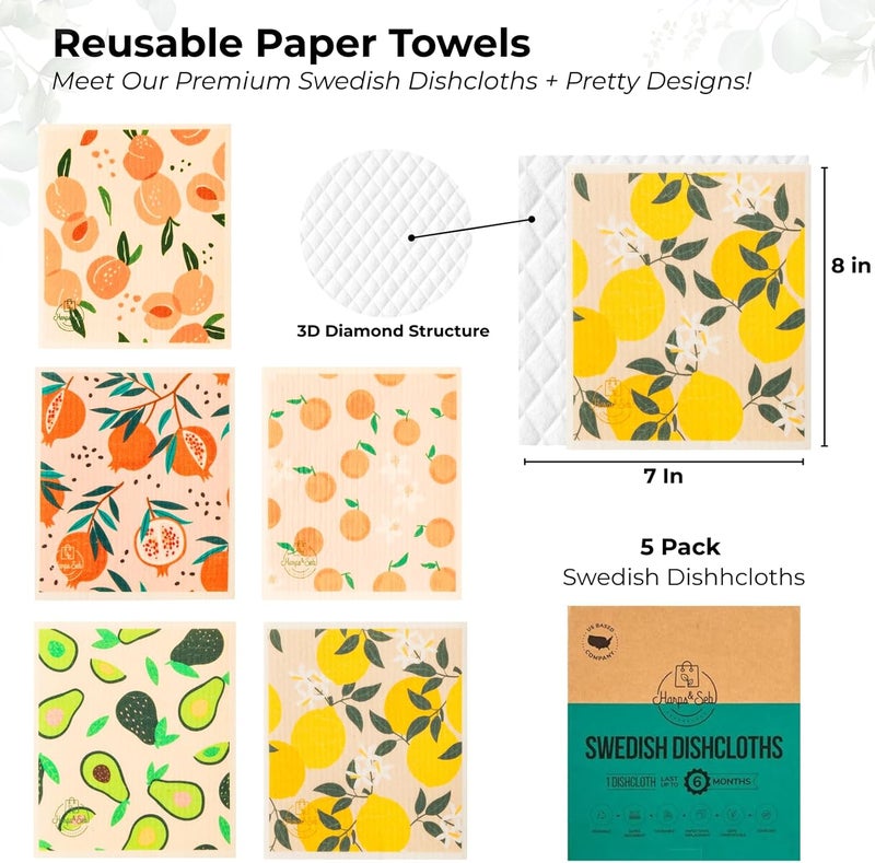 Harps&Seb Swedish Dishcloths - 5 Pack, Biodegradable and Super Absorbent Kitchen Towels with Fruit Design - Image 2