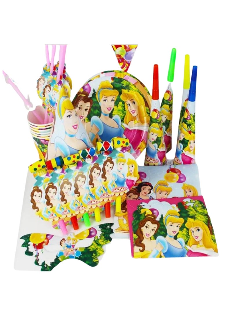 ريمي بيلا 180 قطعة لوازم حفلات اعياد الميلاد بتصميم الأميرات، مجموعة ادوات مائدة الكل في واحد تتضمن اطباق واكواب ومناديل ولافتة وما الى ذلك، لوازم حفلات بطابع الأميرات للبنات - Image 1