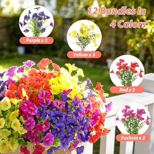 BSGlobal 12 Bundles Artificial Flowers for Outdoors Decoration, Fake Silk Morning Glory Flowers UV Resistant Faux Eucalyptus Plants for Home Garden Balcony Yard Porch(Mix) - Image 2