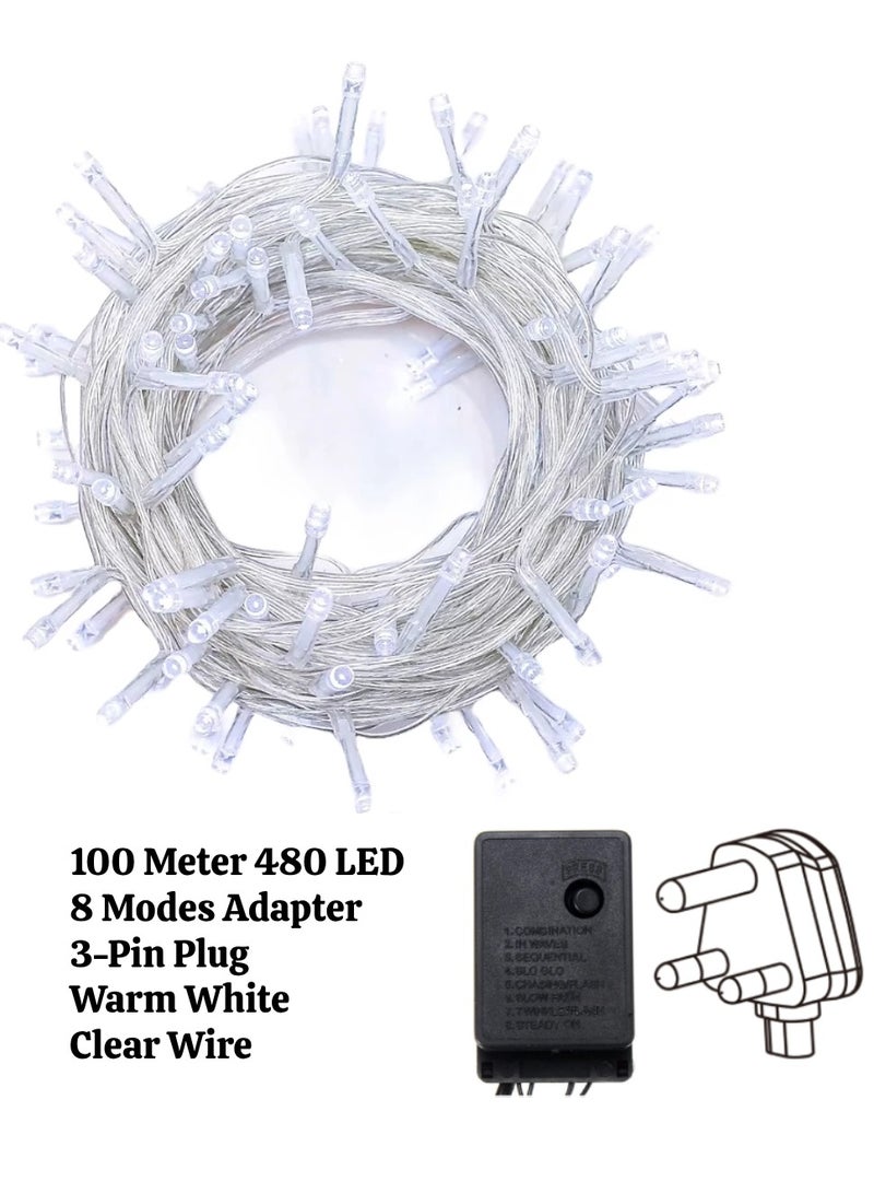 يوويل 100 متر 480 سلسلة أضواء LED أضواء الديكور الضوء الأبيض الدافئ 8 أوضاع LED ضوء سلك واضح لديكورات المنزل أضواء رمضان ديكور داخلي وخارجي ديكور رمضان ضوء ديوالي أضواء الستار مع 3 دبوس المملكة المتحدة التوصيل - Image 2