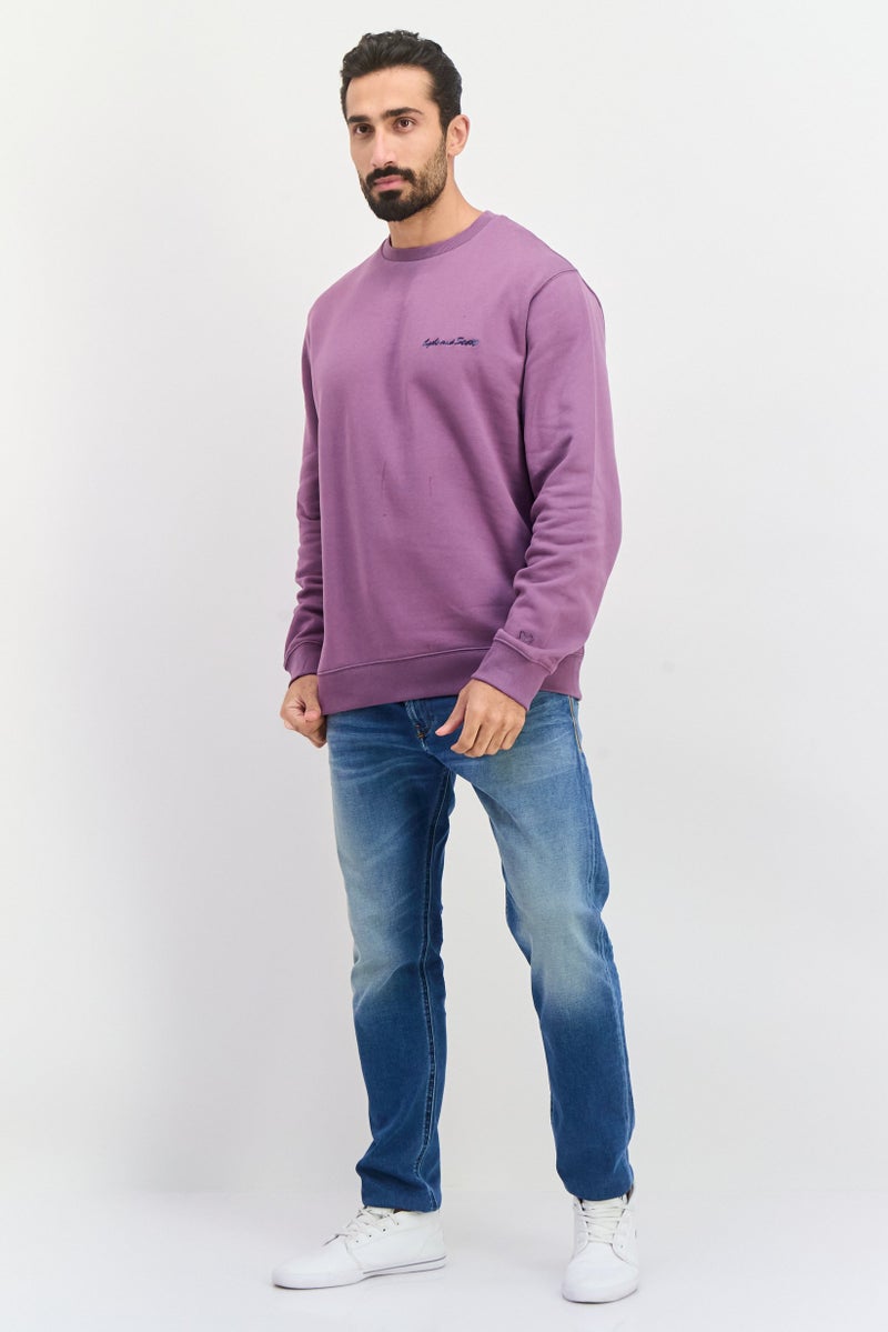 Men Crew Neck Long Sleeve Embroidered Sweatshirt, Light Purple