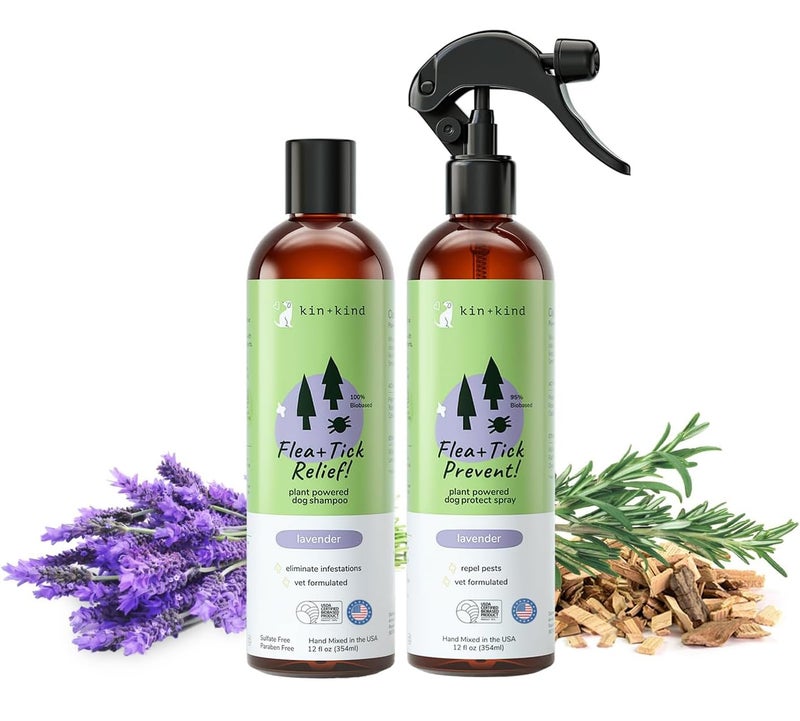 kin+kind Flea and Tick Spray and Shampoo Kit- Shampoo and Spray Set- Shampoo for Dogs, Spray for Dogs- for Tick and Flea Control Shampoo and Repel Spray- Lavender, 12 oz Each - Image 1