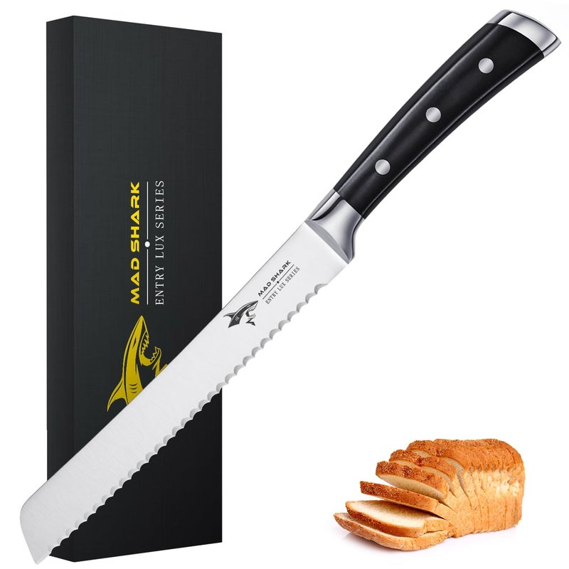 MAD SHARK Bread Knife 8 Inch Pro Serrated Bread CutterGerman High Carbon Stainless Steel Cake Knife with Ergonomic Handle Ultra Sharp Bakers Knife