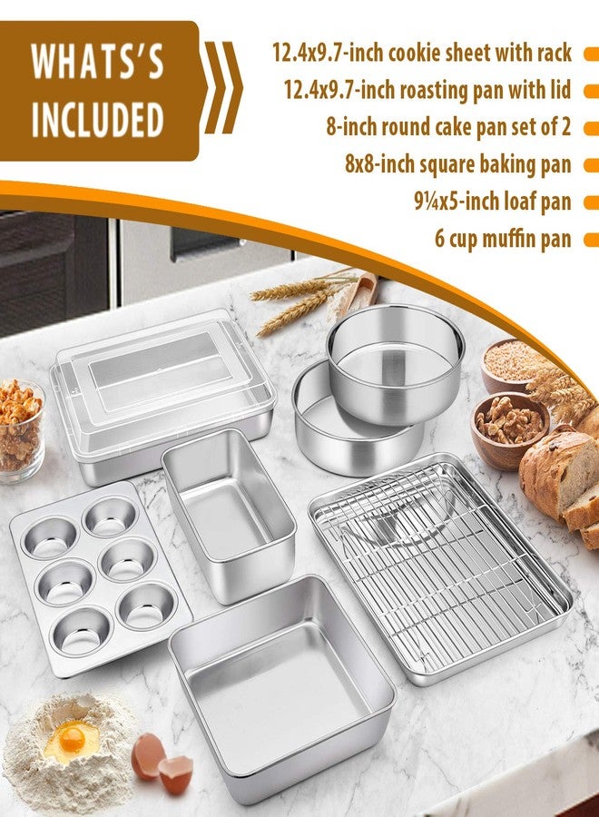 E-far Stainless Steel Baking Pan Set, 9-Piece Bakeware Sets for Cake Cookie Loaf Muffin, Include Round, Square, Rectangle Baking Sheet Pan with Lid & Cooling Rack, Dishwasher Safe - Image 2