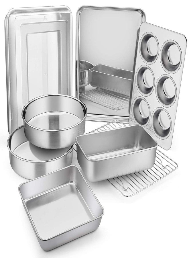 E-far Stainless Steel Baking Pan Set, 9-Piece Bakeware Sets for Cake Cookie Loaf Muffin, Include Round, Square, Rectangle Baking Sheet Pan with Lid & Cooling Rack, Dishwasher Safe - Image 1