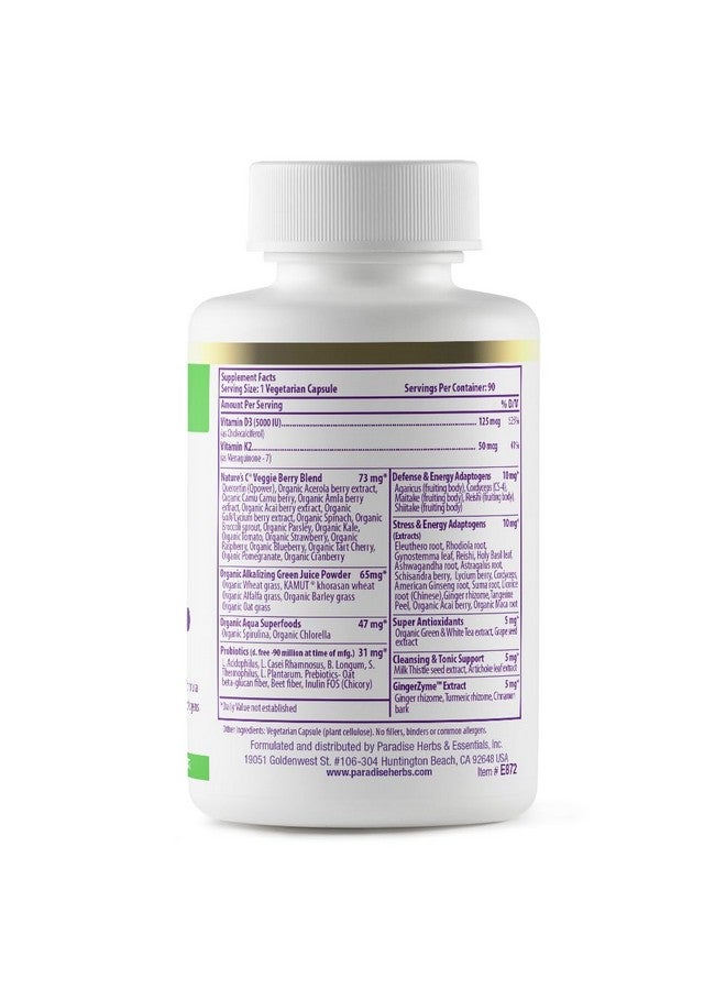 Paradise Herbs فيتامين د3 + ك2 من بارادايس هيربز، مزيج الأرض، قاعدة سوبر فودز من البروبيوتيك والخضروات العضوية القلوية، الخضروات والتوت، 90 كبسولة نباتية - Image 2