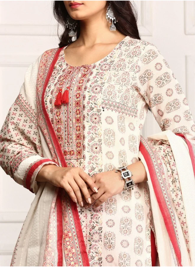 آي شين Embellished Ethnic Motifs Printed Tie Up Kurta With Pants And Printed Dupatta