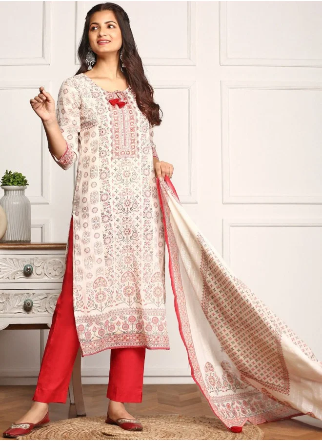 آي شين Straight Fit Printed Pattern Round Neck Three-Quarter Sleeves Multicolour Colour Knitted Cotton Kurta Set for Women with Semi Elastic Closure - Unmatched Grace and Comfort