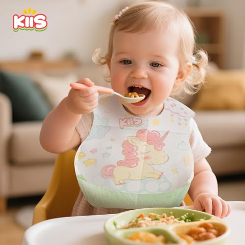 KIIS Disposable Baby Bibs for Travel - Waterproof Baby Smock Bibs for Eating, Toddlers & Kids - Travel & Daycare Essentials for Mess-Free Meals, 20 Count, Unicorn - Image 2