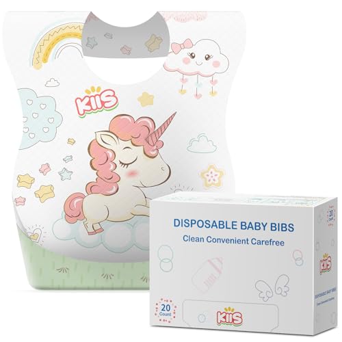 KIIS Disposable Baby Bibs for Travel - Waterproof Baby Smock Bibs for Eating, Toddlers & Kids - Travel & Daycare Essentials for Mess-Free Meals, 20 Count, Unicorn - Image 1