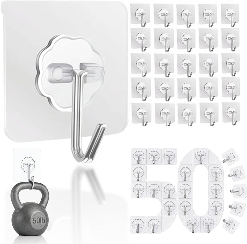 DDMY Hooks for Hanging, 50 Pack Wall Hooks 50lb(Max) Transparent Reusable Waterproof Adhesive Hook for Kitchen Curtain, Towel Hook for Bathrooms, Heavy Duty Self Coat Hook for Walls No Damage - Image 1