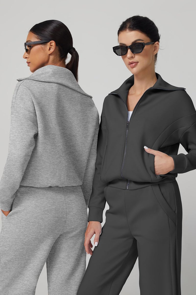 QINSEN Casual 2 Piece Matching Sets for Women Wide Collar Full Zip Sweatshirt High Waisted Sweatpants Dark Grey LS - Image 5
