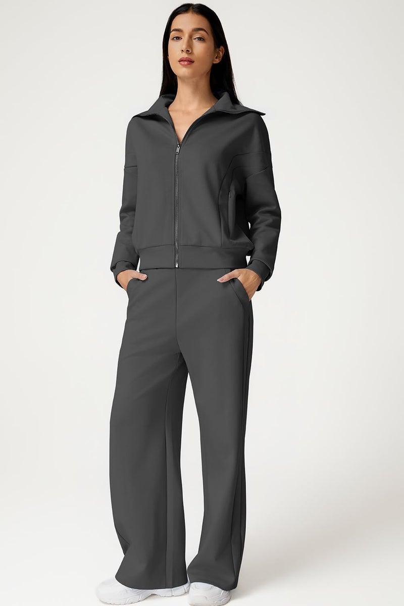 QINSEN Casual 2 Piece Matching Sets for Women Wide Collar Full Zip Sweatshirt High Waisted Sweatpants Dark Grey LS - Image 4