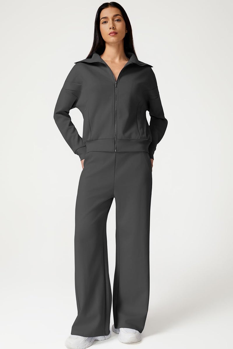 QINSEN Casual 2 Piece Matching Sets for Women Wide Collar Full Zip Sweatshirt High Waisted Sweatpants Dark Grey LS - Image 3