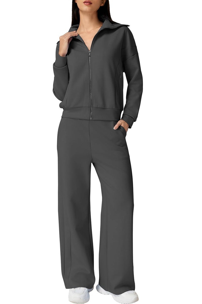 QINSEN Casual 2 Piece Matching Sets for Women Wide Collar Full Zip Sweatshirt High Waisted Sweatpants Dark Grey LS - Image 1