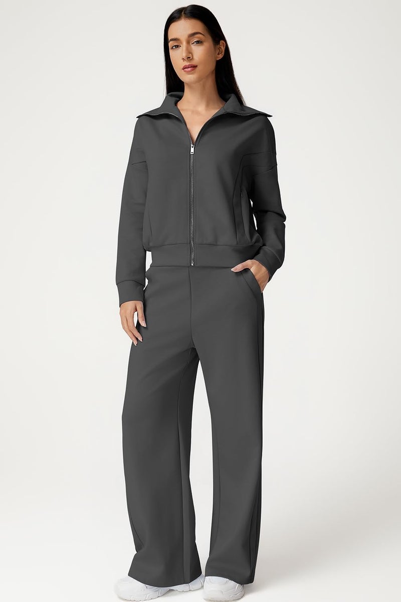 QINSEN Casual 2 Piece Matching Sets for Women Wide Collar Full Zip Sweatshirt High Waisted Sweatpants Dark Grey LS - Image 2