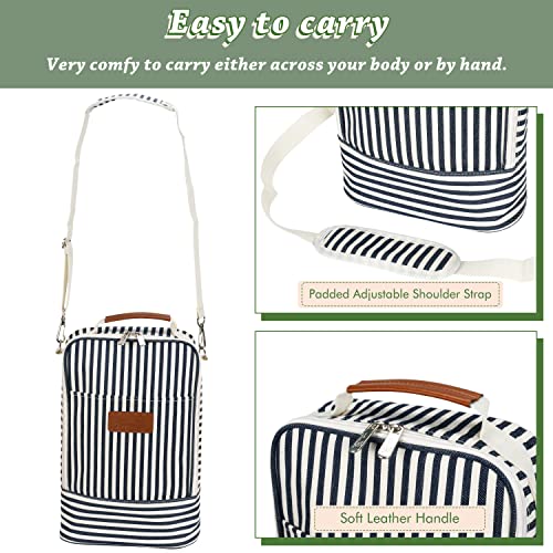 Tirrinia Insulated 2 Bottle Wine Gift Tote Bag - Wine Tumbler Glass Cooler Carrier for BYOB Restaurants, Wine Tasting, Travel, Park, Beach, Great Wine Lover Gift, Blue Stripe - Image 3