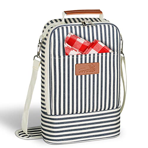 Tirrinia Insulated 2 Bottle Wine Gift Tote Bag - Wine Tumbler Glass Cooler Carrier for BYOB Restaurants, Wine Tasting, Travel, Park, Beach, Great Wine Lover Gift, Blue Stripe - Image 1