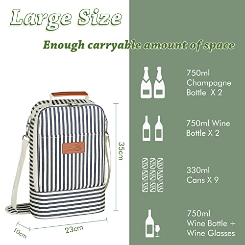 Tirrinia Insulated 2 Bottle Wine Gift Tote Bag - Wine Tumbler Glass Cooler Carrier for BYOB Restaurants, Wine Tasting, Travel, Park, Beach, Great Wine Lover Gift, Blue Stripe - Image 4