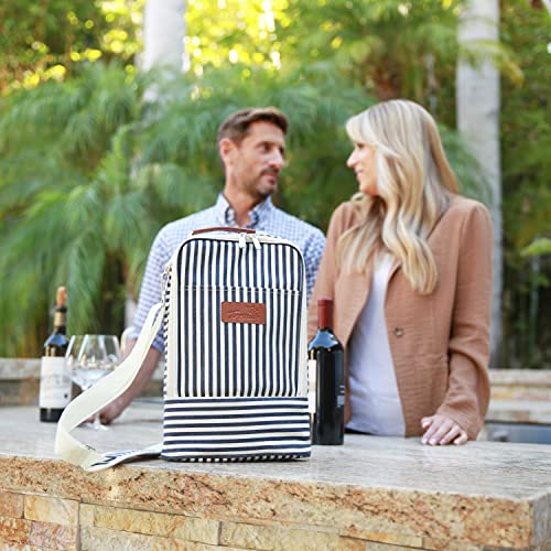 Tirrinia Insulated 2 Bottle Wine Gift Tote Bag - Wine Tumbler Glass Cooler Carrier for BYOB Restaurants, Wine Tasting, Travel, Park, Beach, Great Wine Lover Gift, Blue Stripe - Image 5