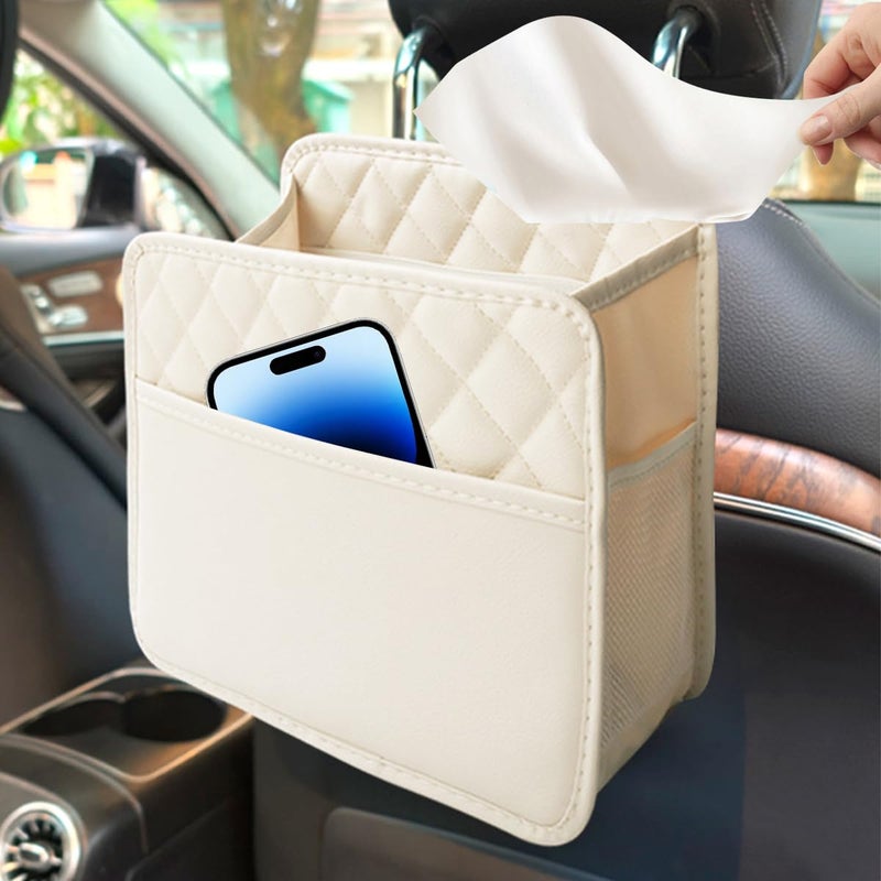 Mandark Car Seat Back Organizer, PU Leather Automotive Backseat Hanging Storage Pocket, Multipurpose Vehicle Travel Essentials Accessories for Kids & Adults, Universal for Most Cars (Beige) - Image 3