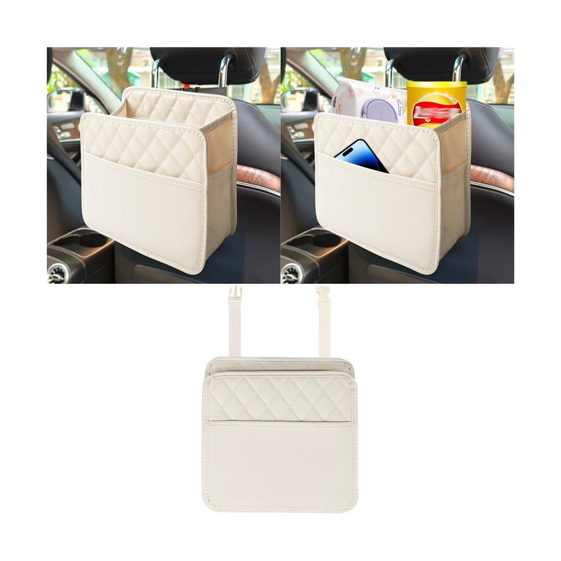 Mandark Car Seat Back Organizer, PU Leather Automotive Backseat Hanging Storage Pocket, Multipurpose Vehicle Travel Essentials Accessories for Kids & Adults, Universal for Most Cars (Beige) - Image 1