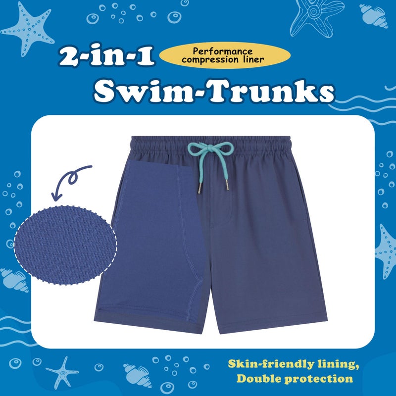 UMELOK Boys Swim Trunks Swimsuit Boxer Brief 2 in 1 Compression Liner Stretch Swim Shorts Quick Dry Beach Bathing Suit Solid Navy Blue 5/6 - Image 2