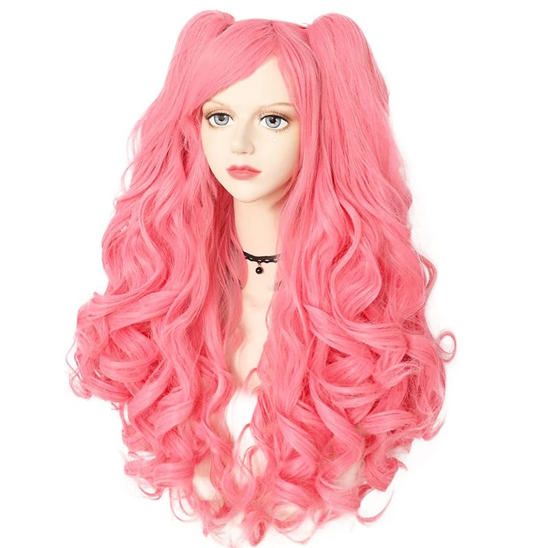 ANOGOL Hair CapPink Wig Costumes for Women With 2 Curly Ponytail Wigs Long Curly Wig for Cosplay Wigs For Halloween Costume Party for WomenPink - Image 2