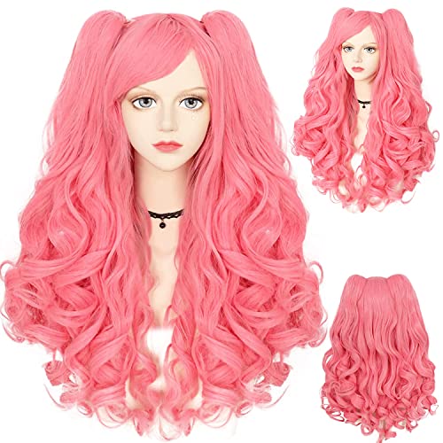 ANOGOL Hair CapPink Wig Costumes for Women With 2 Curly Ponytail Wigs Long Curly Wig for Cosplay Wigs For Halloween Costume Party for WomenPink - Image 3
