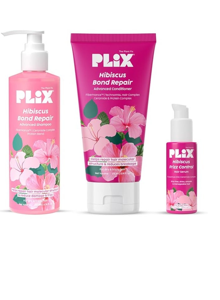 PLIX THE PLANT FIX Hibiscus Frizz Control Hair Serum 50ml + Bond Repair Shampoo 200ml + Conditioner 175ml Protects & Smoothes Frizzy Hair3x Strength with Fiberhance - Image 1
