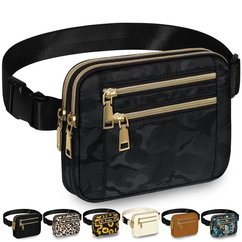 Capolo Fanny Packs for Women Fashion Waist Packs Bag with Adjustable Strap and 4 Zipper Pockets Waterproof Everywhere Crossbody Belt Bag for Workout Running Travelling(Black Camo) - Image 1