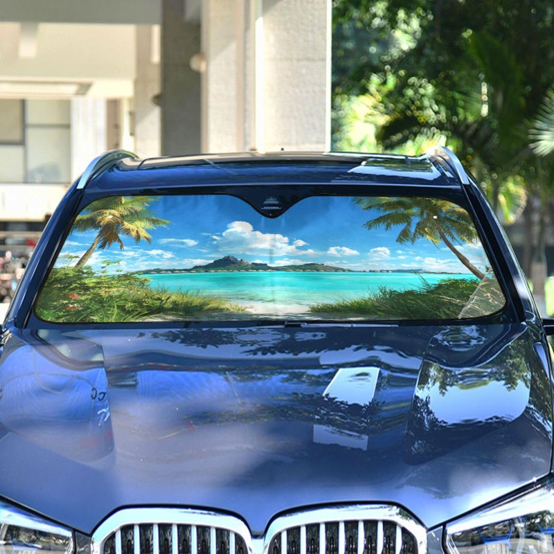 Dussdil Summer Tropical Palm Trees Beach Car Windshield Sun Shade Forest Sky Sunshade Blocks UV Rays Protector Keep Your Vehicle Cool Sun Shield Visor Cover Foldable for Car Truck SUV M - Image 2