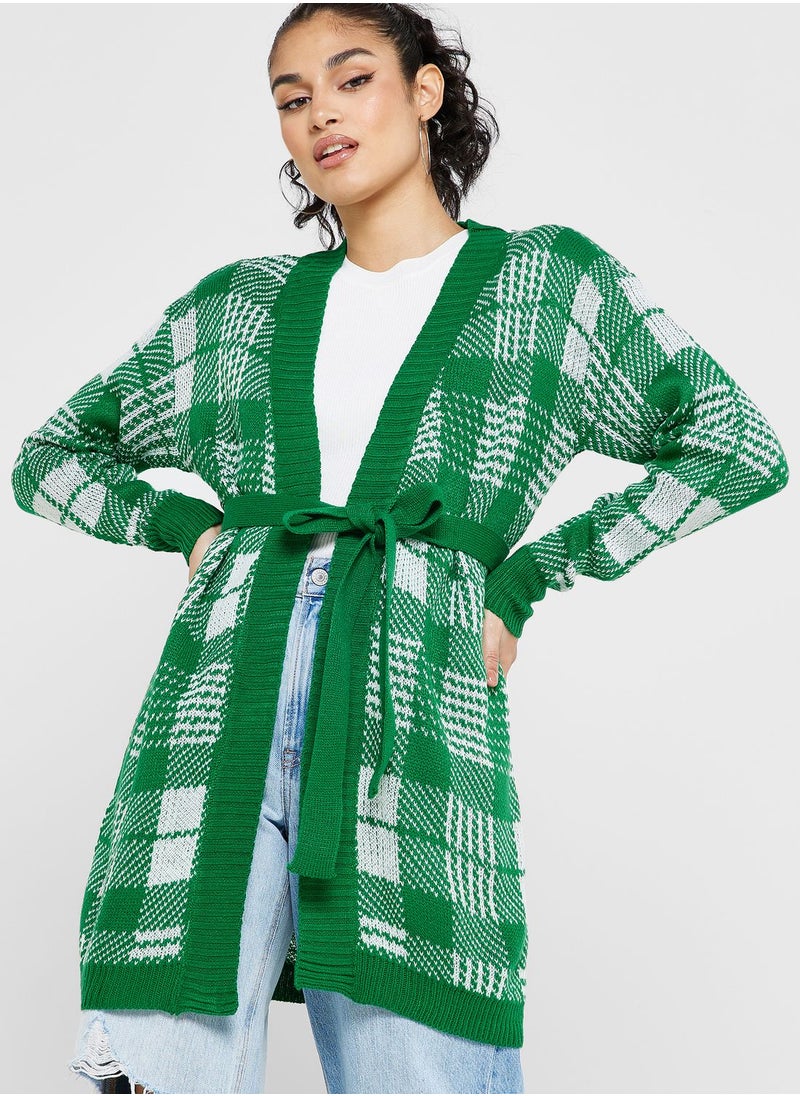 ELLA Checkered Print Cardigan With Tie Detail  - Image 1