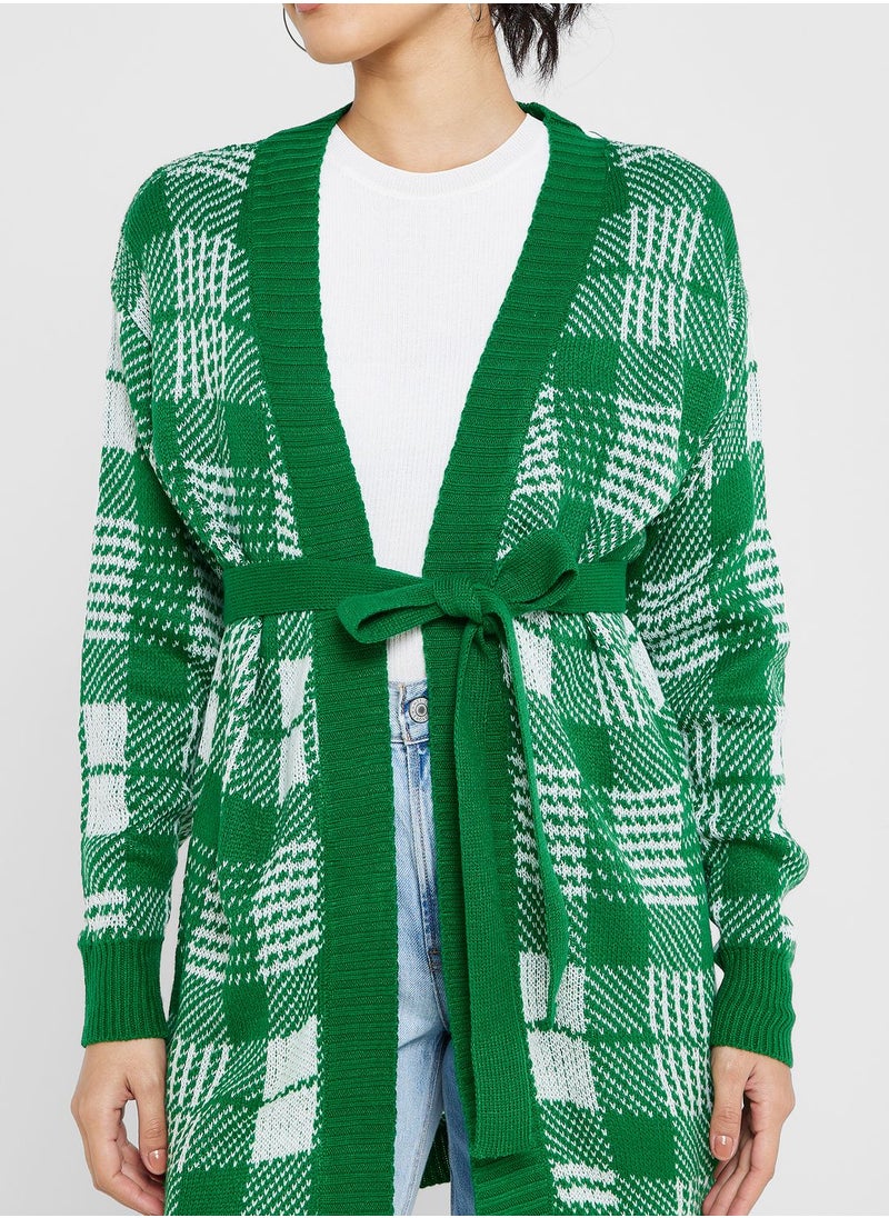ELLA Checkered Print Cardigan With Tie Detail  - Image 3