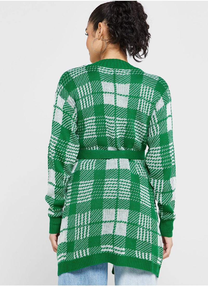 ELLA Checkered Print Cardigan With Tie Detail  - Image 2
