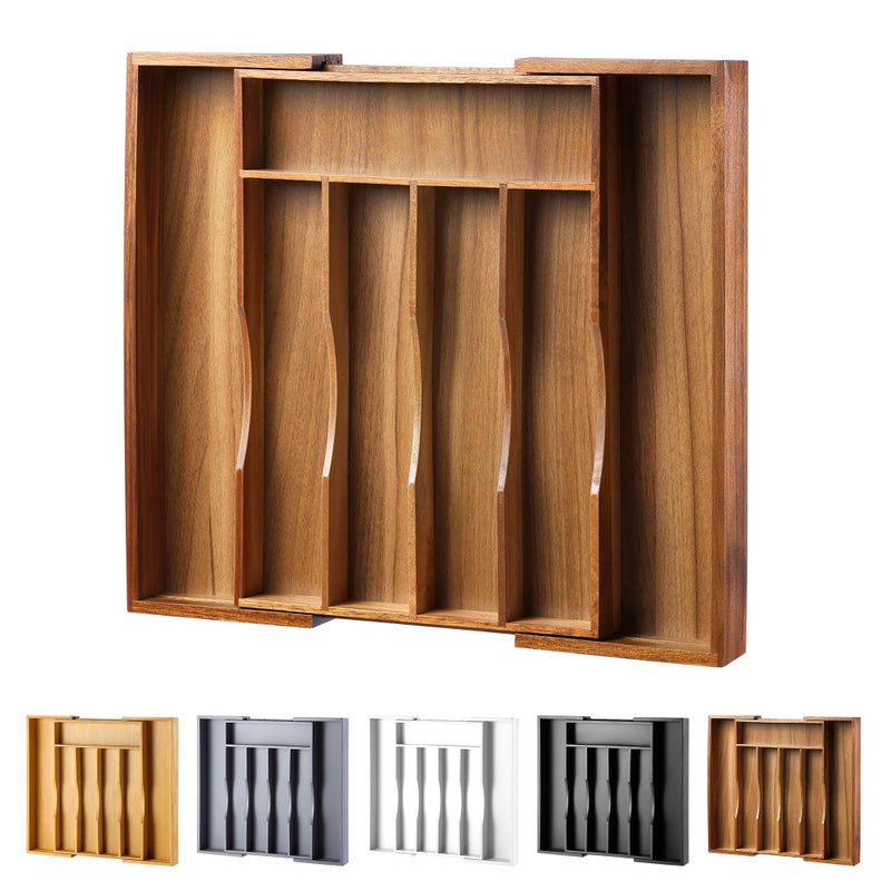 oridom Expandable Acacia Kitchen Drawer Organizer for Cutlery and Utensils, Adjustable Acacia Wood Cutlery Tray in Drawer for Flatware and Silverware in Kitchen, (Acacia) - Image 1
