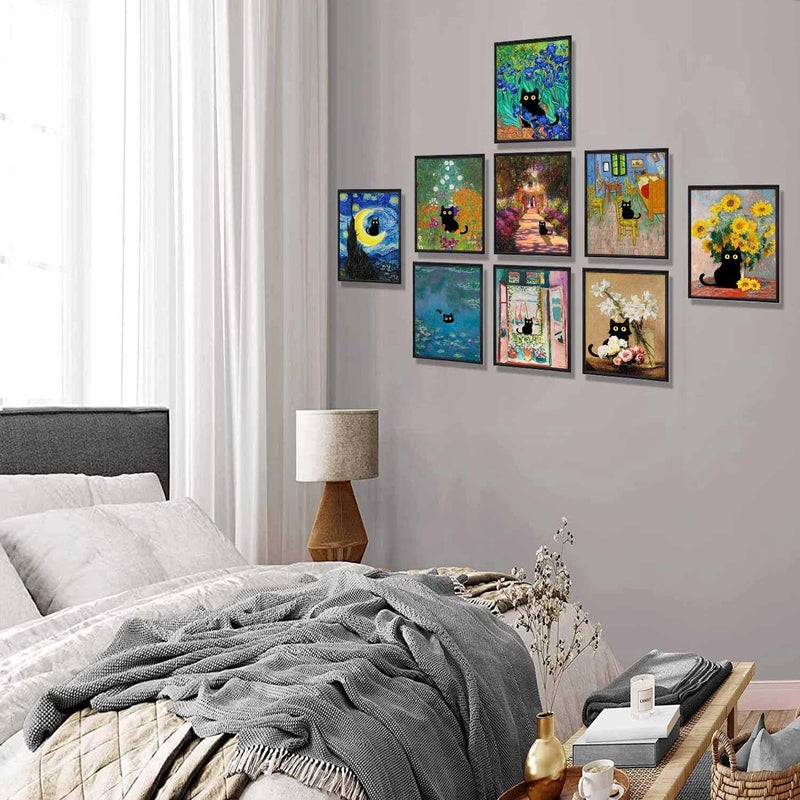 LOARTVE 9 Pcs Funny Black Cat Wall Art Poster Prints Vintage Sunflower Canvas Artwork Pictures Gift Cute Room Decor Eclectic Aesthetic Floral Monet Van Gogh for Living Bathroom Bedroom Decorate Unframed - Image 3
