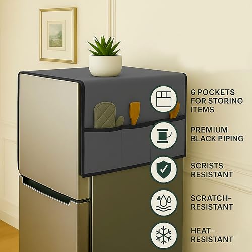 Fancy Walas Refrigerator Single Door Waterproof, Dustproof, Refrigerator Top Cover, Protective Cover for Fridges with Extra Storage Space Nylon Top cover with 6 Storage Pockets ( Grey, 130 x 54 cm ) - Image 4
