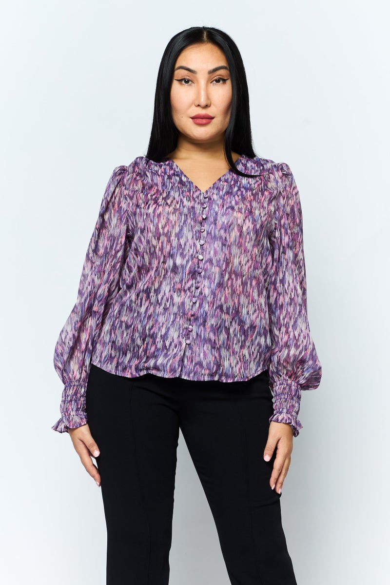 DEX Women V Neck Long Sleeve Allover Print Blouse, Multicolor - Image 1